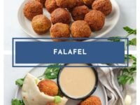 Falafel Pinterest Pin - a picture of a plate of falafel on top with lettuce, pita, and condiments in background. The word Falafel in the center. On the bottom, two half-pitas stuffed with hummus and herbs on a plate, with a side dish of sauce. Garlic and herbs on the side of the plate.