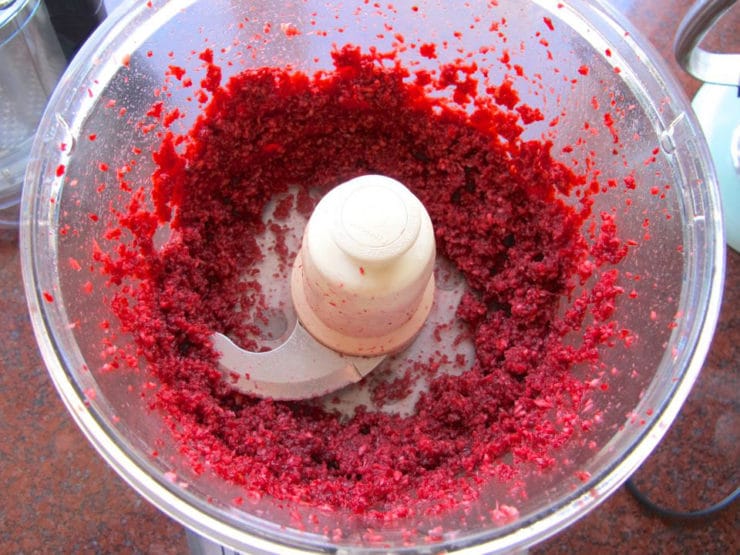 Beet horseradish processed in the food processor.