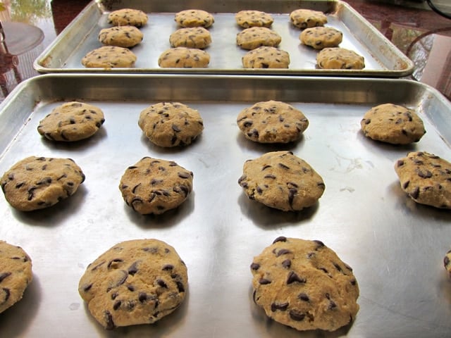 Chocolate chip cookie dough on ungreased baking sheets.