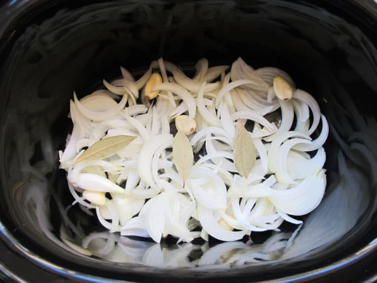 Savory Slow Cooker Brisket - Recipe with Video. Brisket Recipe with Onion, Garlic and Spices Made in the Crock Pot. Kosher for Passover.