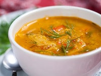 Fish Soup - Learn an exotic, colorful recipe for kosher fish soup from Levana Kirschenbaum. Pareve, Kosher for Passover.