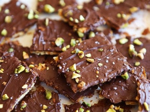 Close-up of Chocolate Toffee Matzo Crunch with Pistachios