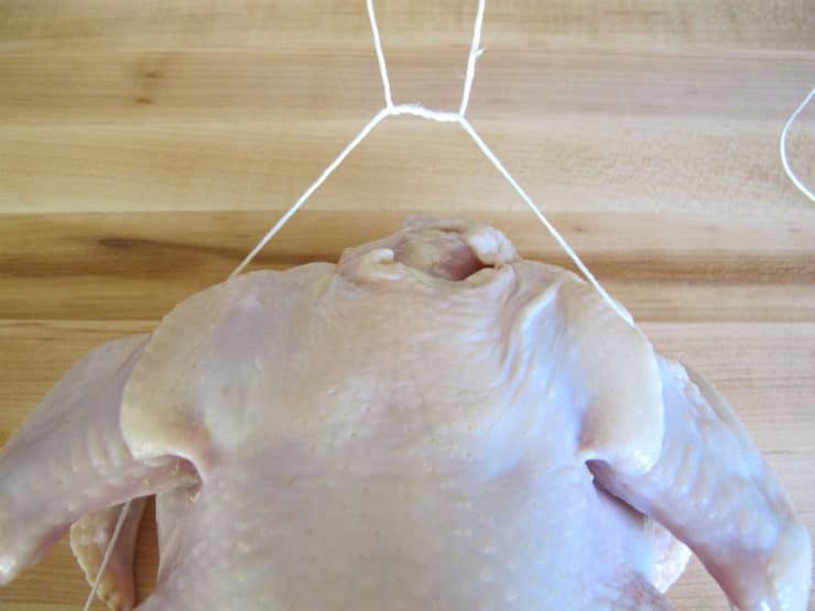 Close on trussing string tying together two strings over chicken neck area on cutting board.