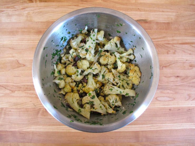 Chopped olives combined with roasted cauliflower.