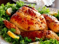 A plate with a chicken dish garnished with lemons and parsley