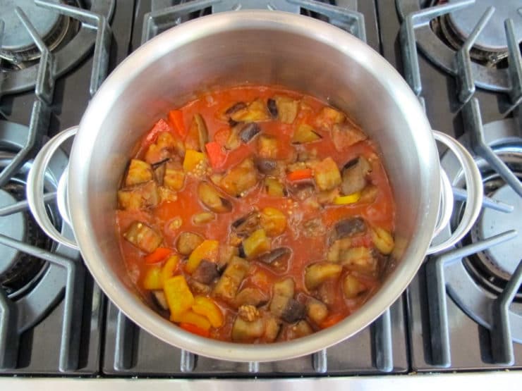 Mooshi's Eggplant Salad simmering in a stockpot.