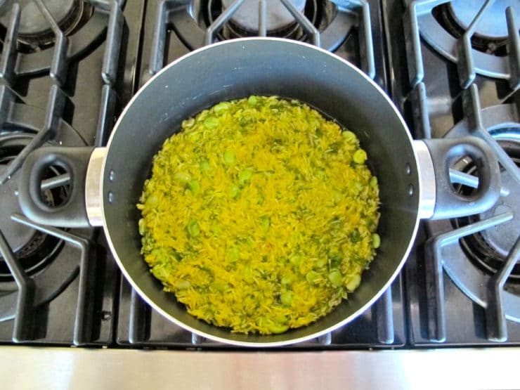 Rice spread evenly in the bottom of a stockpot.
