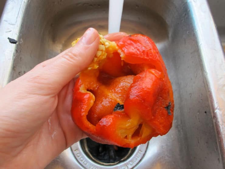 Peeling and seeding roasted peppers.