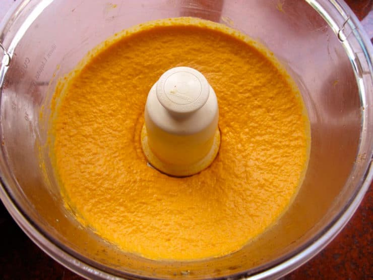 Hummus processed in a food processor.