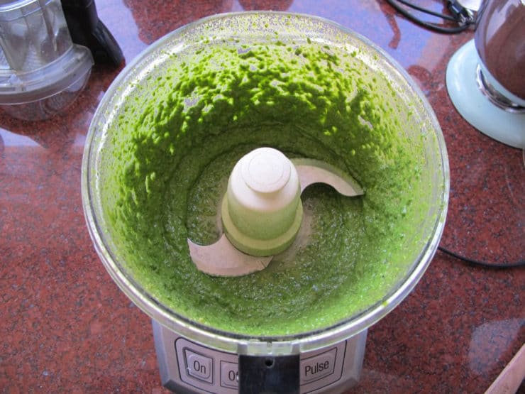 Basil pesto in the food processor.