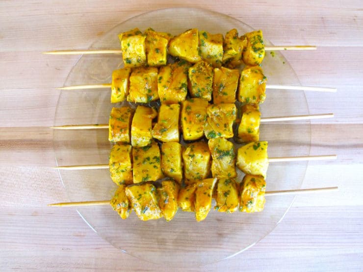 Fish chunks on skewers.