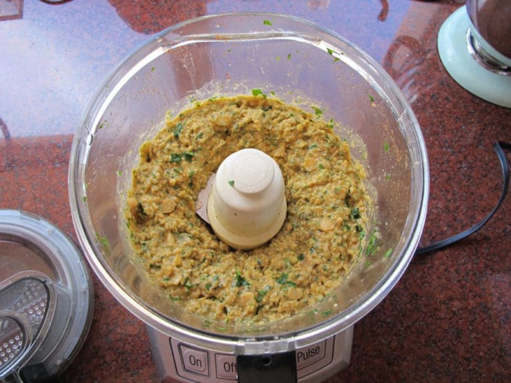 Chickpeas chopped up in the food processor.