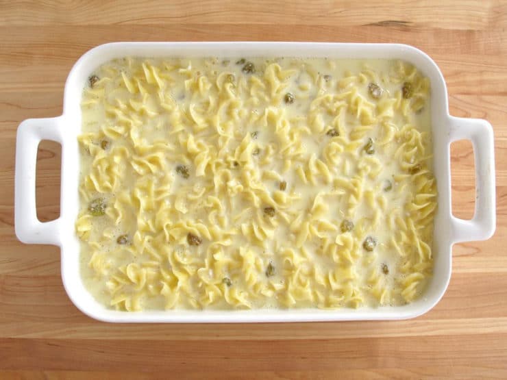 Kugel poured into a baking dish.