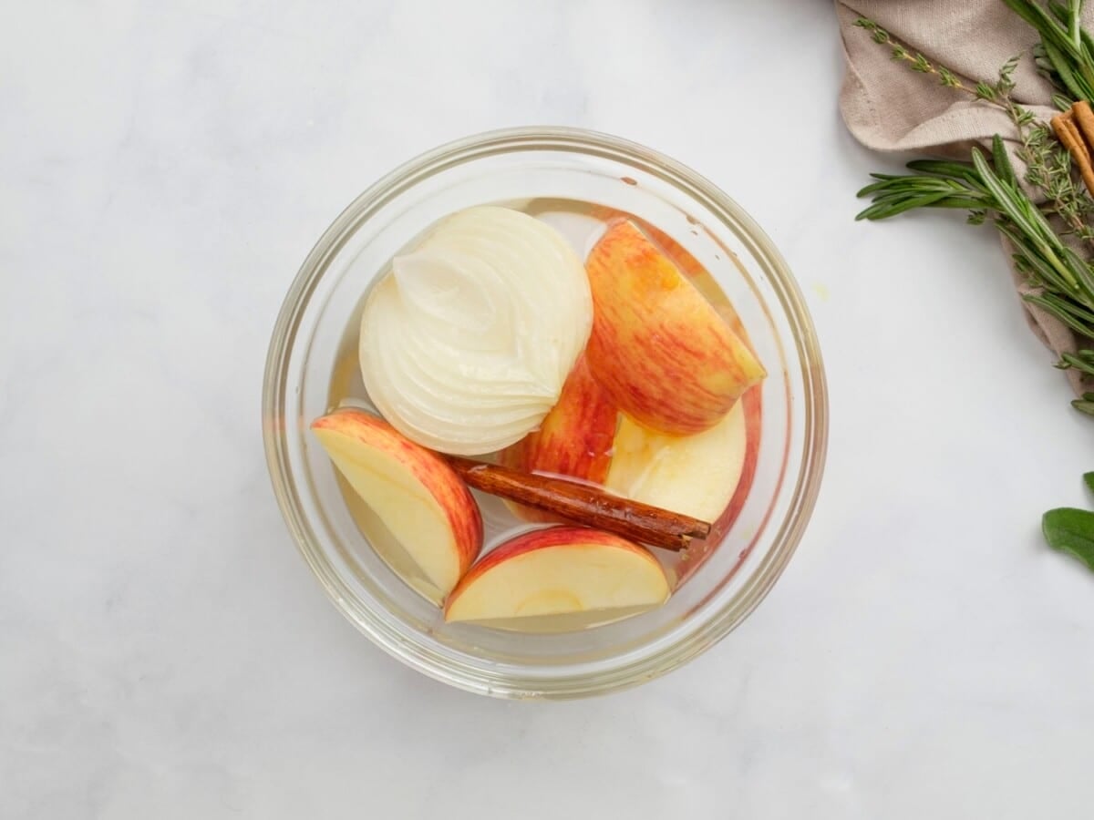 Overhead shot of a small dish of sliiced apples and onions.