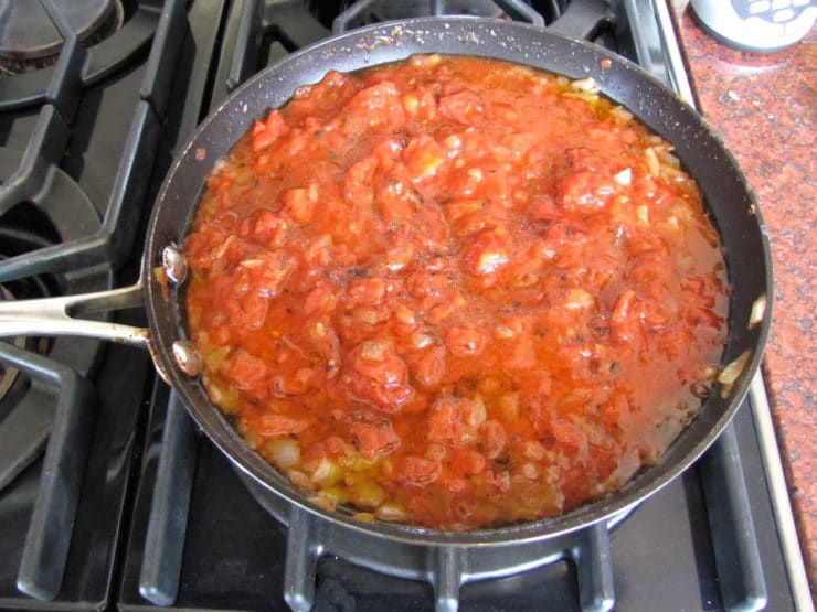Tomato sauce in a skillet.