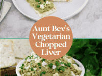 Horizontal shot - White bowl of vegetarian chopped liver topped with chopped hard boiled egg and chopped parsley, with a wooden spatula, bunch of fresh parsley, wooden platter of crackers, and linen napkins beside it, on a marble countertop.