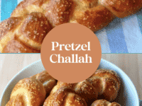 Two images of pretzel challah with the words 'pretzel challah' written on top